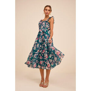 Lulus Shela Teal Floral Jacquard Tiered Midi Dress Green - Size M